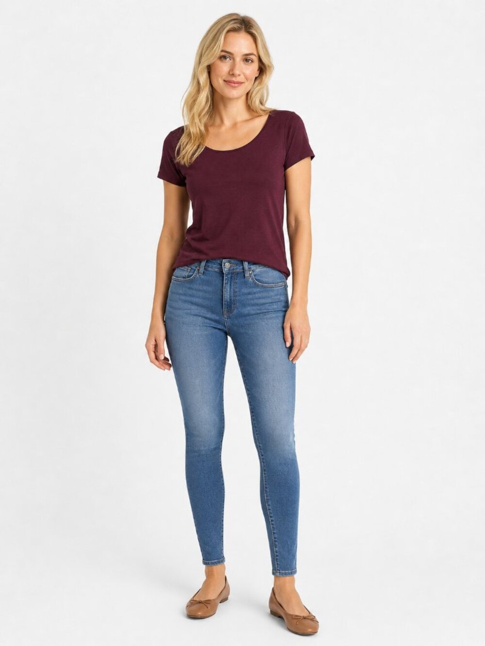 2/$30 Lands' End Round Neck Short Sleeve Tee Burgundy XS #A4253